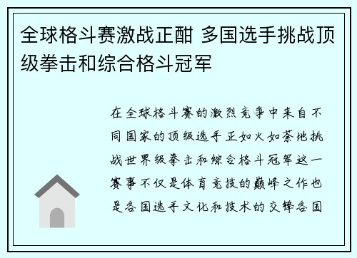 全球格斗赛激战正酣 多国选手挑战顶级拳击和综合格斗冠军 全球格斗赛激战正酣 多国选手挑战顶级拳击和综合格斗冠军